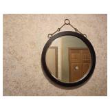 Round Wall Mirror with Black Frame and Metal Hanging Accents