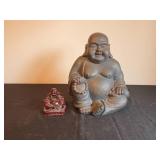 Pair of Buddha Statues: Large Bronze-Colored and Small Red Resin Design