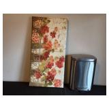 Floral Canvas Wall Art and Stainless Steel Trash Can