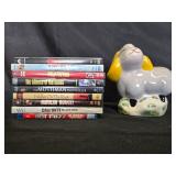 DVDs and a Decorative Ceramic Sheep Figurine