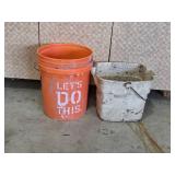 Set of Containers: 2 Red Gas Cans, Orange Bucket, and White Utility Pail