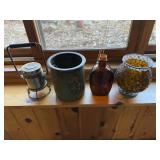Collection of Vintage Decor Items: Lantern, Ceramic Vase, Amber Bottle, Mosaic Candle Holder