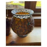 Collection of Vintage Decor Items: Lantern, Ceramic Vase, Amber Bottle, Mosaic Candle Holder