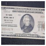 1929 Series Bank of Seattle, Washington $20 Bill Note, Low Serial #