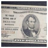 1929 $5 National Duluth MN Note