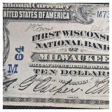 1902 $10 Milwaukee Large Note Error, Cut Offset, Top to Bottom Very Nice