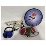 3M Respirator, Protective Earmuffs, Safety Goggles and Wall clock