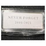 2 TROY OZ .999 FINE SILVER NEVER FORGET 9/11 BAR
