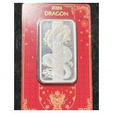 50 GRAMS .999 FINE SILVER 2024 DRAGON BAR CARDED