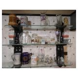 Collectible Items on 3 Glass Shelves - Twins, Ship in Bottle, Etc
