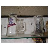 Collectible Items on 3 Glass Shelves - Twins, Ship in Bottle, Etc
