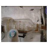 Collectible Items on 3 Glass Shelves - Twins, Ship in Bottle, Etc