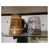 Collectible Items on 3 Glass Shelves - Twins, Ship in Bottle, Etc