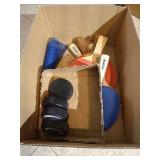 Box of Ping Pong Items & Some Fighting Sioux Pucks