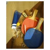 Box of Ping Pong Items & Some Fighting Sioux Pucks