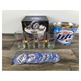 Miller Lite 20 Piece Bucket Gift Set - 4 Glasses - Metal Bucket & 15 Coasters
