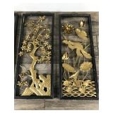 MCM 3D Floral Brass Colored Tin metal Wall Panels Set Of 4 Wood Framed