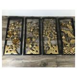 MCM 3D Floral Brass Colored Tin metal Wall Panels Set Of 4 Wood Framed