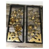 MCM 3D Floral Brass Colored Tin metal Wall Panels Set Of 4 Wood Framed