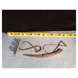 Vintage ice tongs, Vintage saw, Level and lawn tools holder