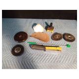 2) 100ft tape measurers, staple hammer, 2 steel brush drill discs, sand paper discs, dust masks and more