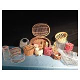Tote of baskets and 2 wood boxes