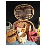 Tote of baskets and 2 wood boxes