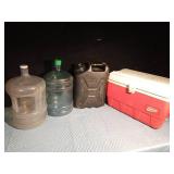 3 Large water bottles, igloo Coca-Cola cooler