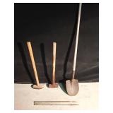 2 Mauls, shovel, and steel horseshoe stakes