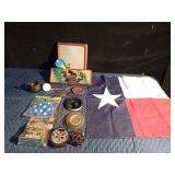 Collectables - Flare tin, Elvis tin, Fishing reels, Green Bay NFL Packer train, vintage porcelain doorknob and more