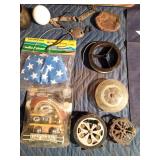 Collectables - Flare tin, Elvis tin, Fishing reels, Green Bay NFL Packer train, vintage porcelain doorknob and more