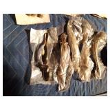 Pail of new nut & bolts in pkgs, door handles, hinges and steel cable