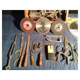 Wood box of tools, pulleys, saw blades, cut off wheels and more