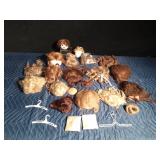 Vintage doll wigs, doll hangers and doll pillows