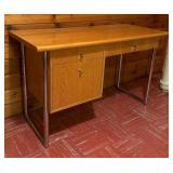 Founders Light Single Pedestal Desk Tubular Chrome Legs / Jack Cartwright For Founders Mid-Century Wood & Chrome Desk