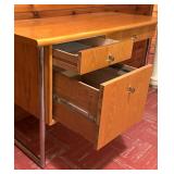 Founders Light Single Pedestal Desk Tubular Chrome Legs / Jack Cartwright For Founders Mid-Century Wood & Chrome Desk