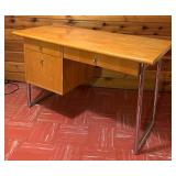 Founders Light Single Pedestal Desk Tubular Chrome Legs / Jack Cartwright For Founders Mid-Century Wood & Chrome Desk