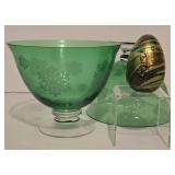 Murano Decorative Hand Blown Glass Egg Figurine & Vintage Emerald Green Compote Duo