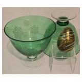 Murano Decorative Hand Blown Glass Egg Figurine & Vintage Emerald Green Compote Duo