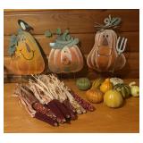 Harvest Time Fall Decor including Pumpkin Stakes, Faux Gourds and Dried Corn