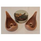 Red Wing Candleholder Duo + Covered Pottery Dish