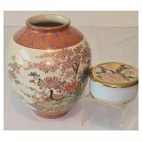 Vintage Asian Inspired Peacock Design Vase and Porcelain Trinket Box