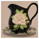 Vintage 1982 Fitz & Floyd Pitcher Black White Rose Floral Pattern Ceramic Hand Painted & Coordinating Plate