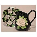 Vintage 1982 Fitz & Floyd Pitcher Black White Rose Floral Pattern Ceramic Hand Painted & Coordinating Plate