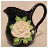 Vintage 1982 Fitz & Floyd Pitcher Black White Rose Floral Pattern Ceramic Hand Painted & Coordinating Plate