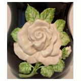 Vintage 1982 Fitz & Floyd Pitcher Black White Rose Floral Pattern Ceramic Hand Painted & Coordinating Plate