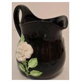 Vintage 1982 Fitz & Floyd Pitcher Black White Rose Floral Pattern Ceramic Hand Painted & Coordinating Plate