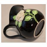 Vintage 1982 Fitz & Floyd Pitcher Black White Rose Floral Pattern Ceramic Hand Painted & Coordinating Plate