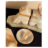 Vintage Carved Onyx Stone Bookends and Ashtray
