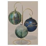 Trio of Hand Blown Glass Ornaments on a Single Display Stand